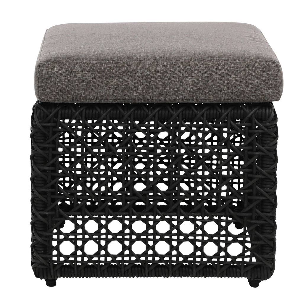 Maxine Indoor-Outdoor Woven Charcoal Grey Poly Rope Cube Ottoman with Light Grey Cushion