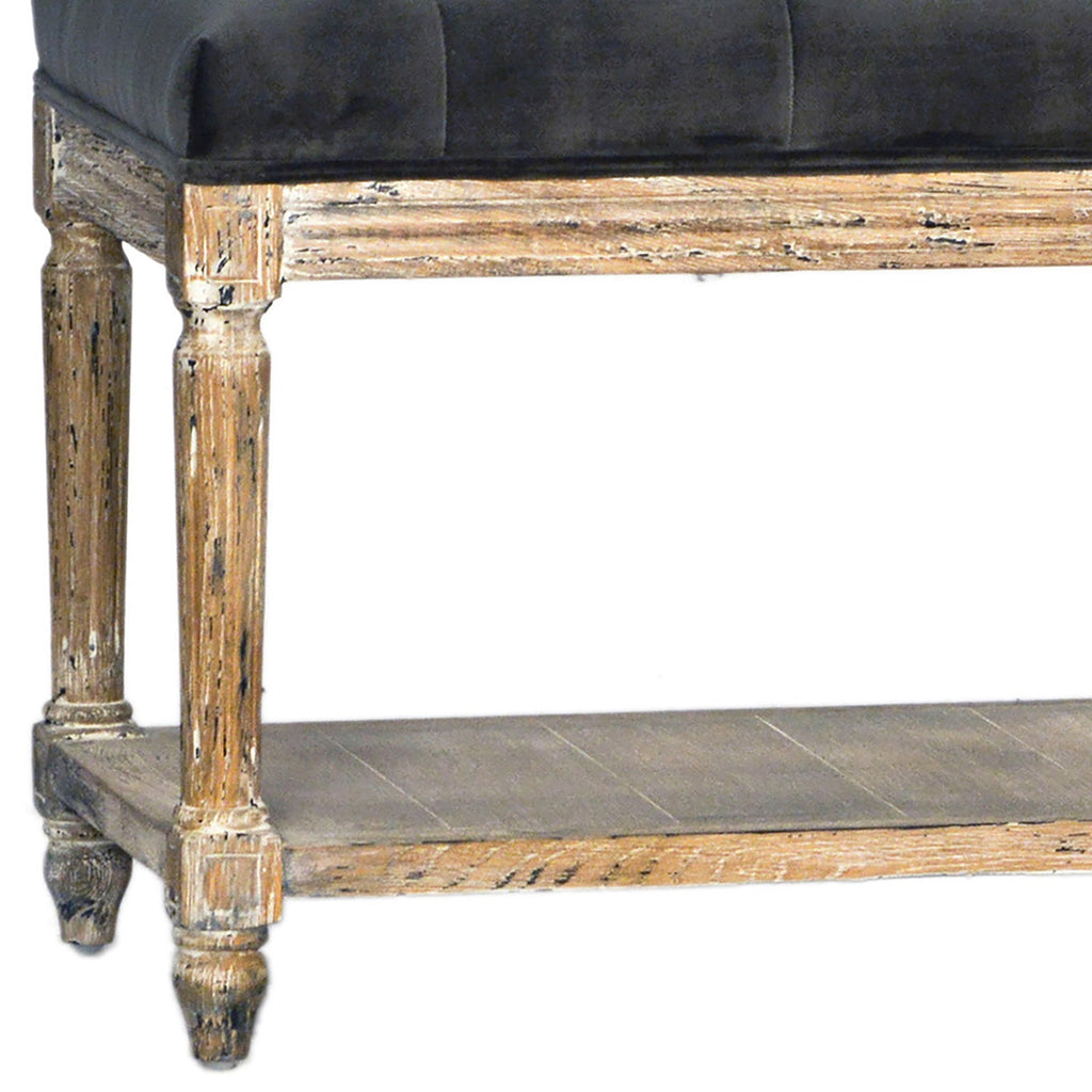 Mariel Oak and Grey Velvet Hand Carved Upholstered Bench with Tufting and Shelf