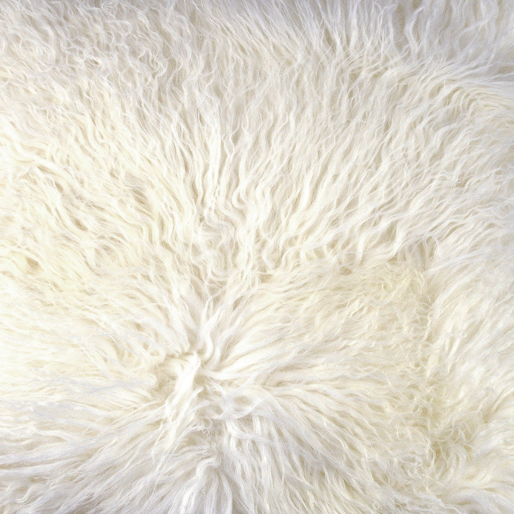 Spruce Natural Lamb Mohair Fur and Suede 20" Square Throw Pillow, White