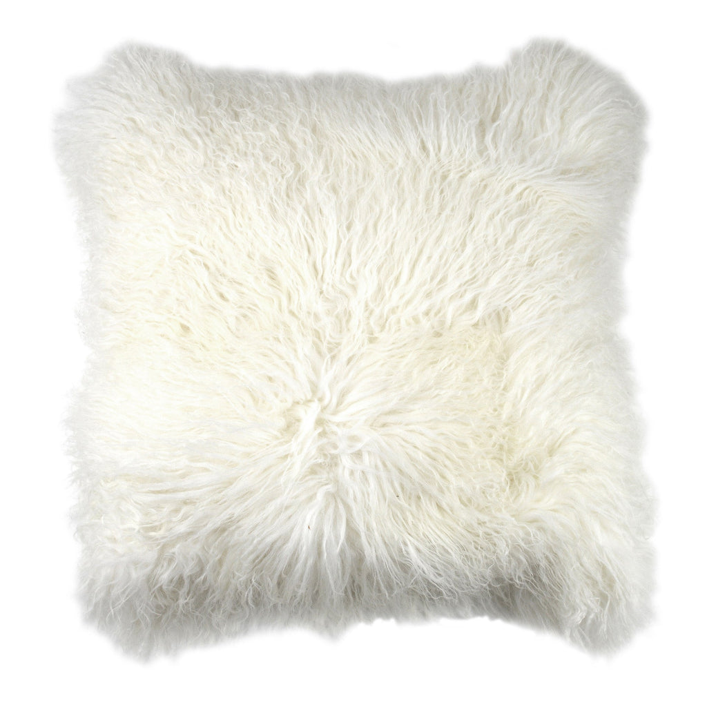 Spruce Natural Lamb Mohair Fur and Suede 20" Square Throw Pillow, White