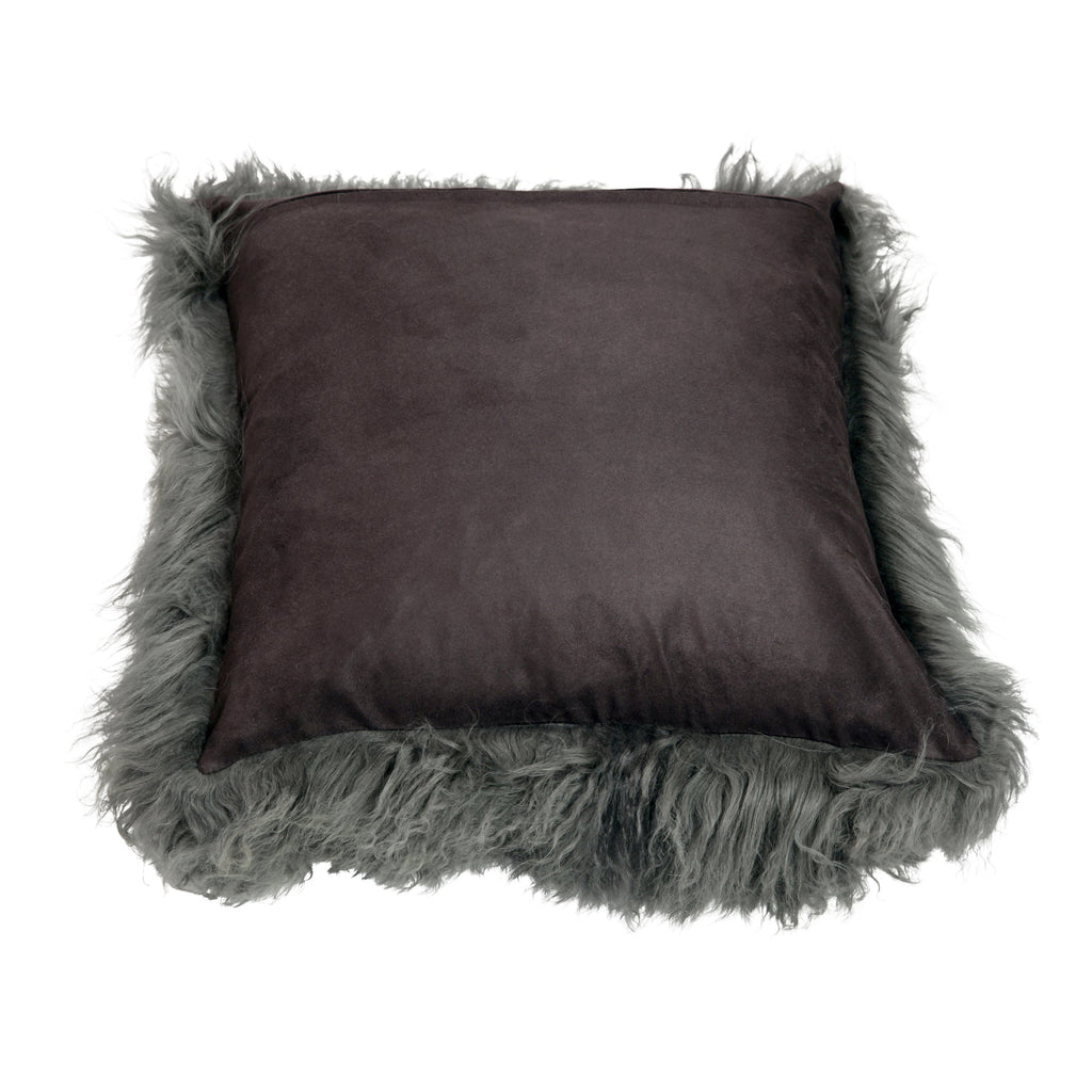 Spruce Natural Lamb Mohair Fur and Suede 20" Square Throw Pillow, Grey