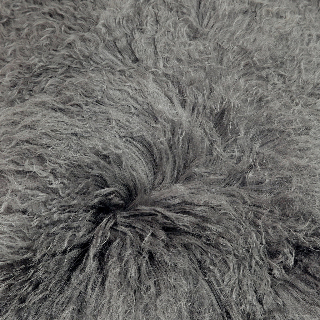 Spruce Natural Lamb Mohair Fur and Suede 20" Square Throw Pillow, Grey