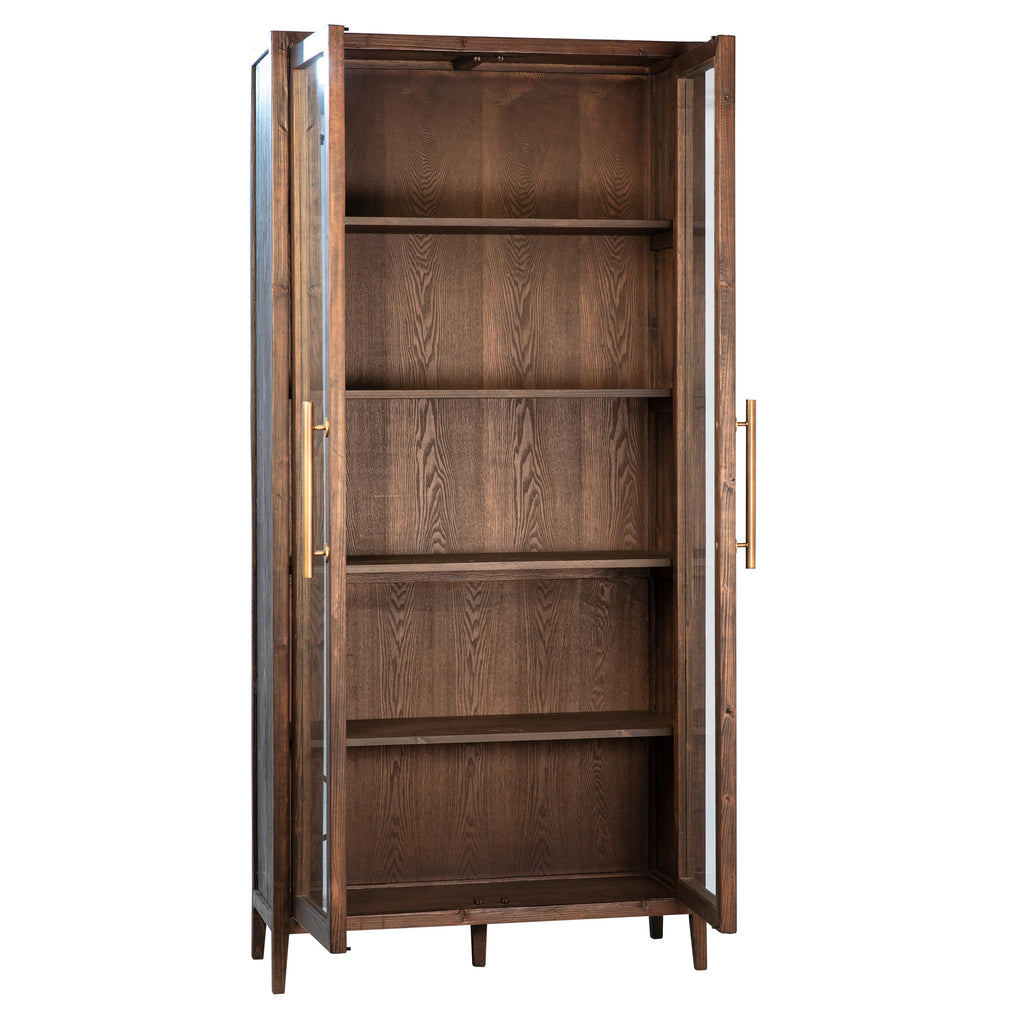 Ellie 93" High Reclaimed Pine and Glass 2-Door Cabinet in Dark Brown