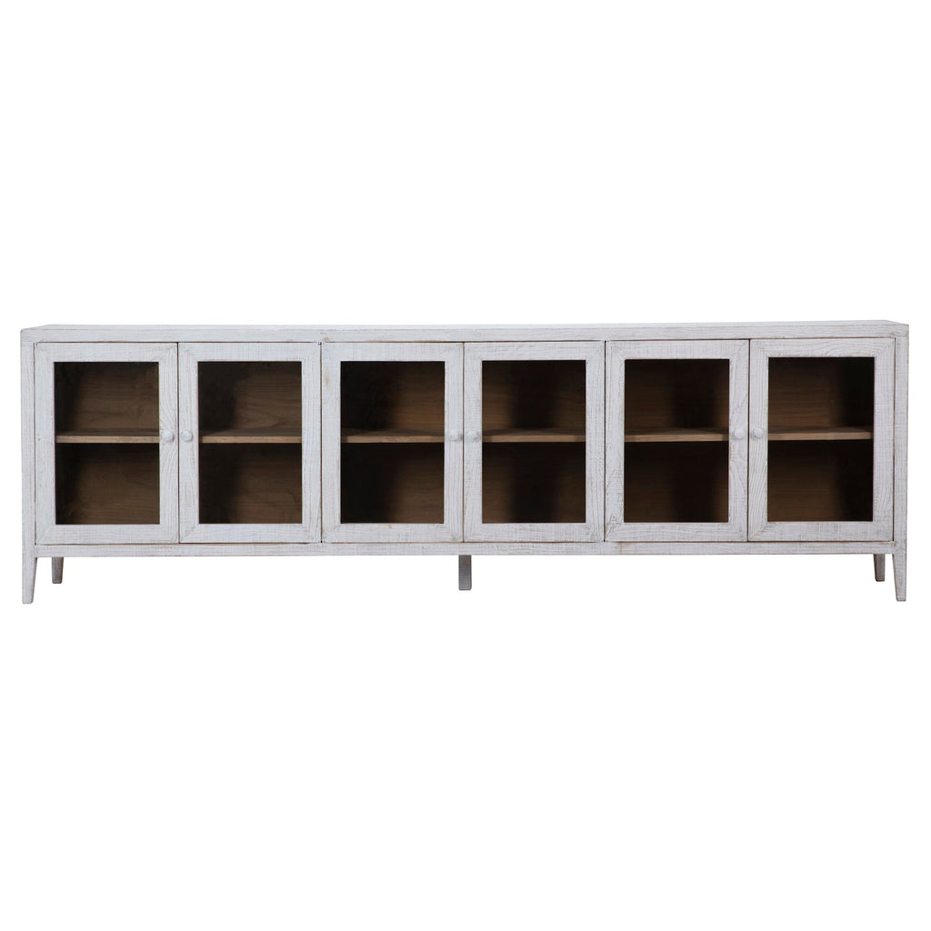 Ellie 109" Long Reclaimed Pine and Glass 6-Door Sideboard in Light Warm Wash