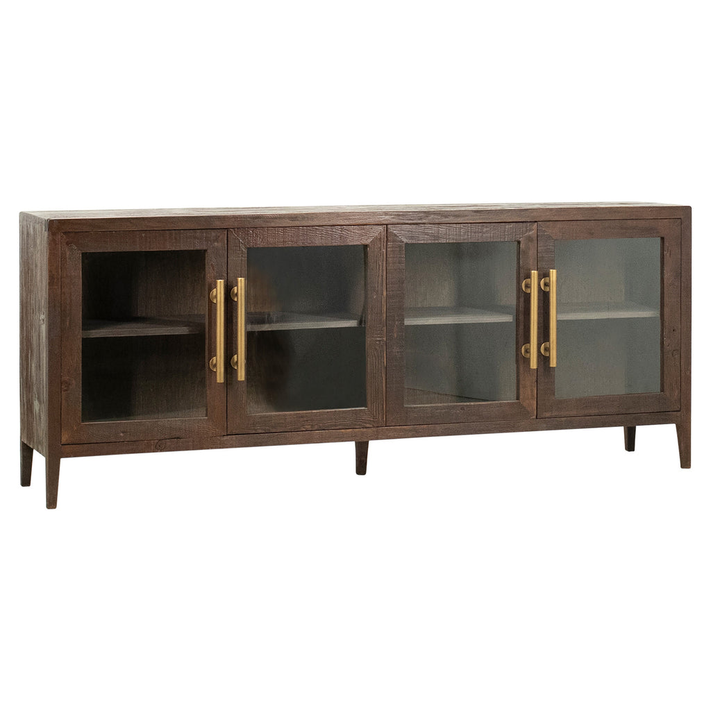 Ellie 83" Long Reclaimed Pine and Glass 4-Door Sideboard in Dark Brown