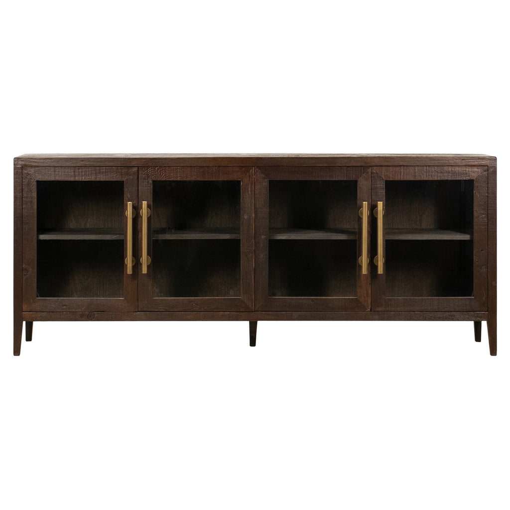 Ellie 83" Long Reclaimed Pine and Glass 4-Door Sideboard in Dark Brown