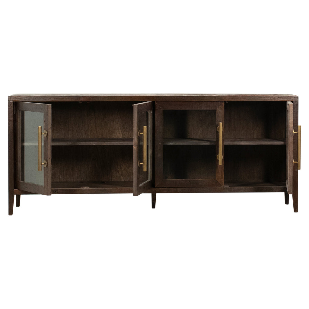 Ellie 83" Long Reclaimed Pine and Glass 4-Door Sideboard in Dark Brown