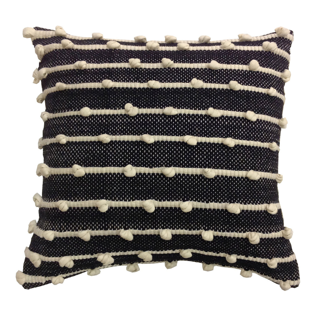 Enya Hand Woven Cotton Black 20x20 Square Throw Pillow with Ivory Knotted Detail