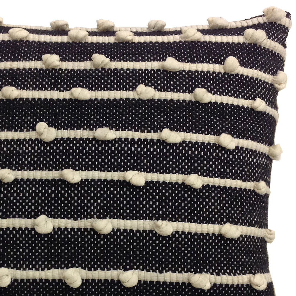 Enya Hand Woven Cotton Black 20x20 Square Throw Pillow with Ivory Knotted Detail