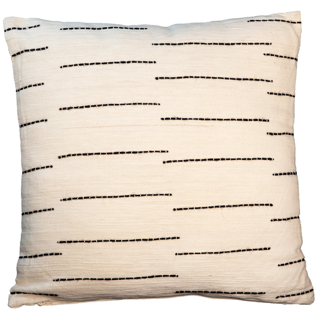 Mave Beige Handwoven Cotton Square Throw Pillow with Black Line Patterns