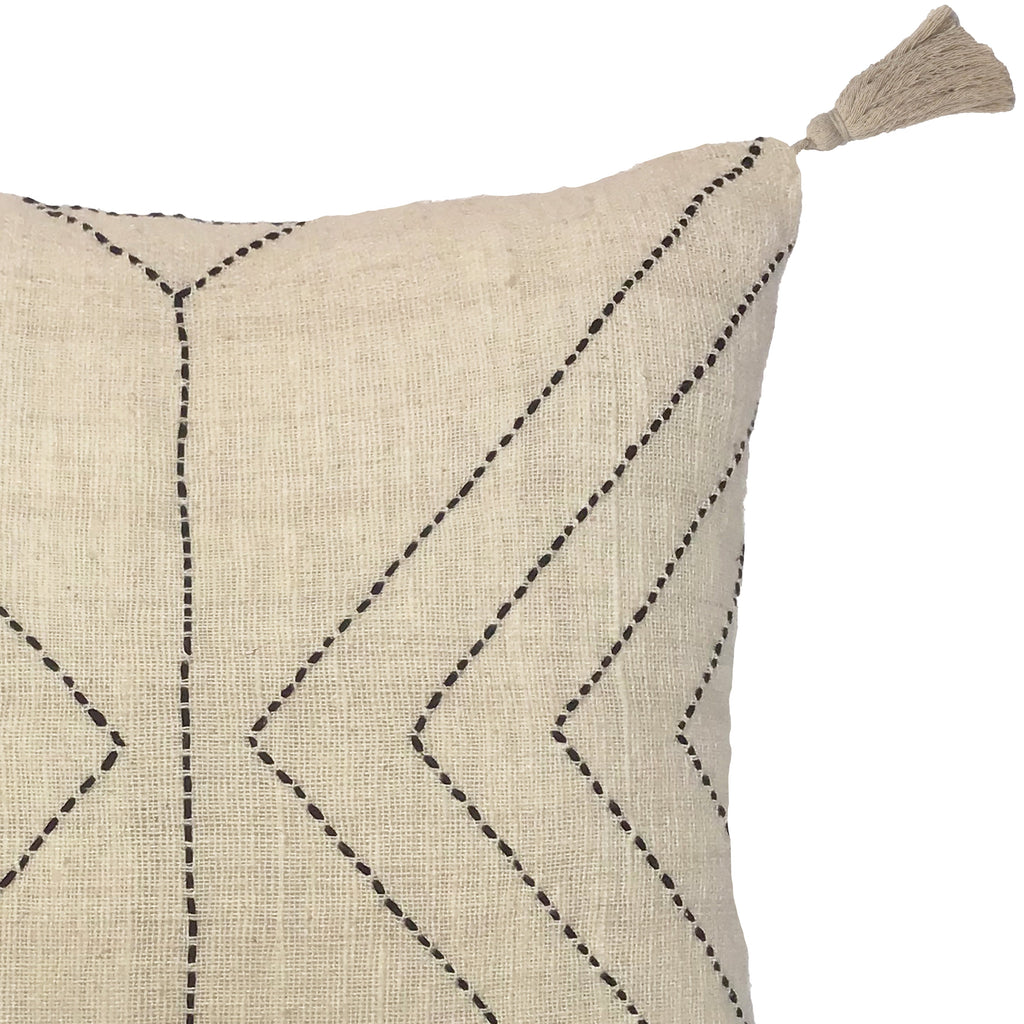 Laredo Handwoven Modern Cotton Blend 20x20 Square Throw Pillow in Ivory with Black Stitching and Tassels