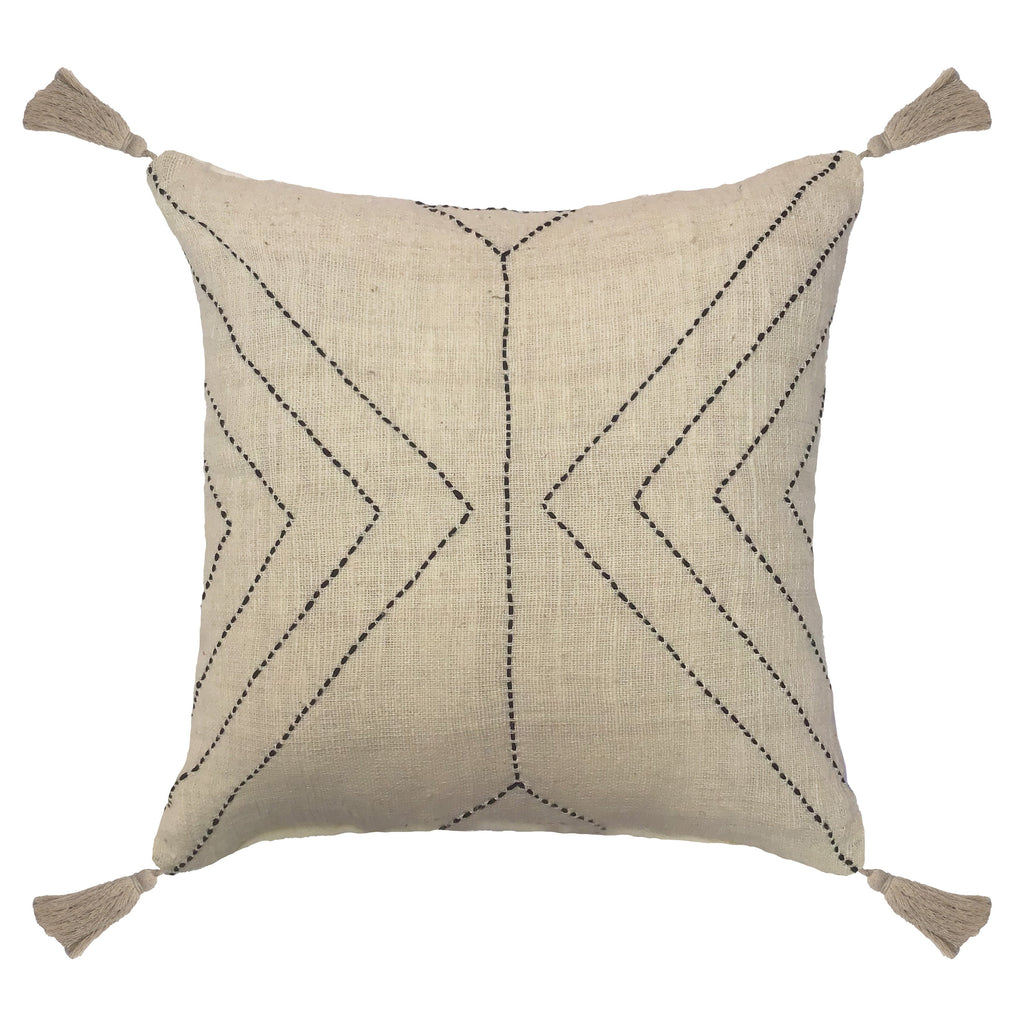 Laredo Handwoven Modern Cotton Blend 20x20 Square Throw Pillow in Ivory with Black Stitching and Tassels