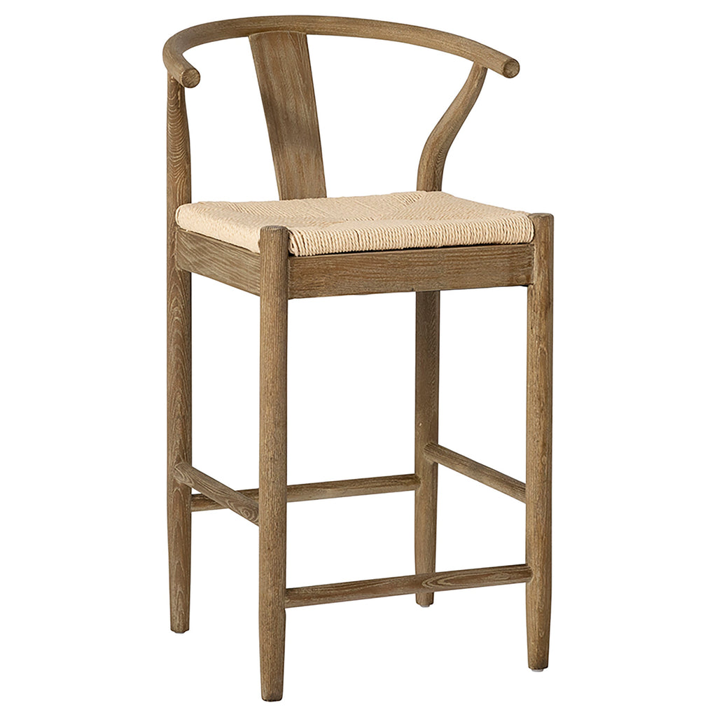 Emilio Mid-Century Modern Curved Back Natural Finish Oak Counter Stool with Woven Craft Paper Seat