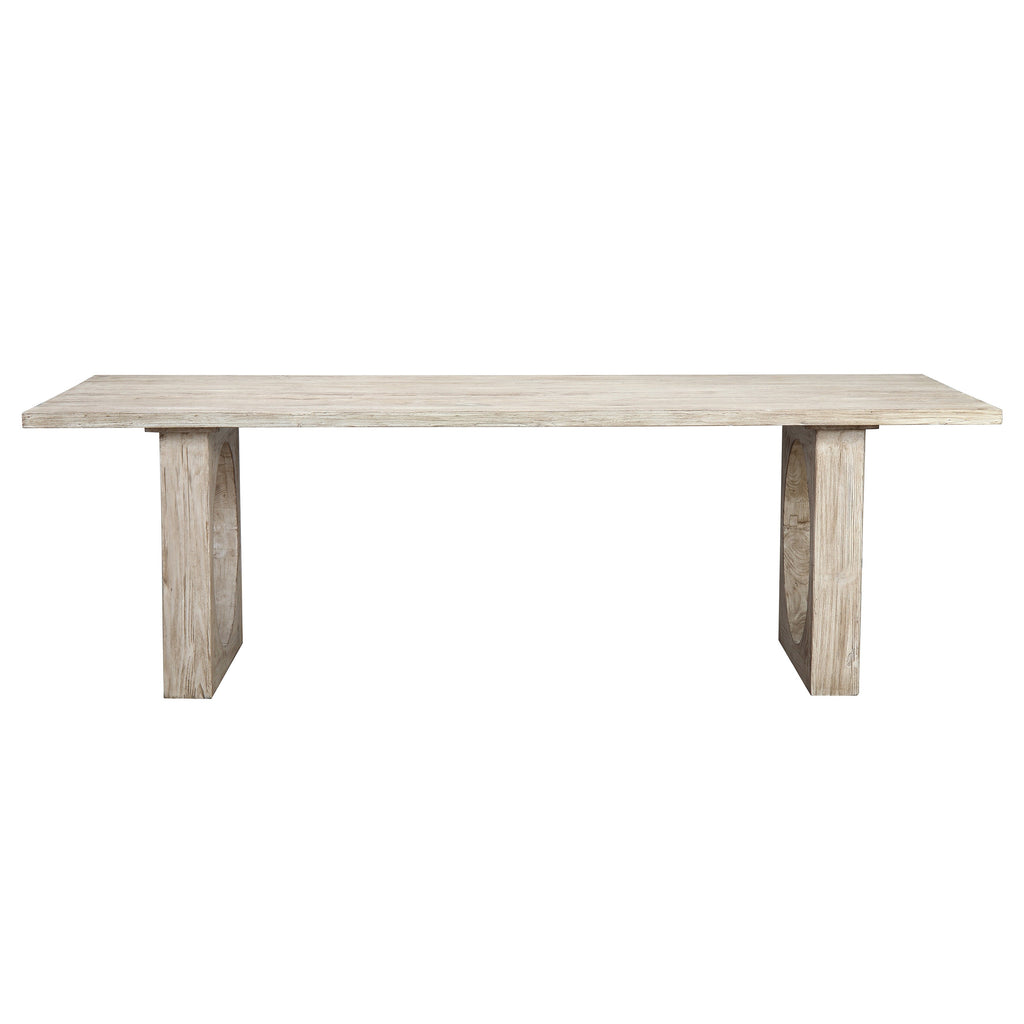 Maya 94" Rectangular Reclaimed Pine White Wash Dining Table with Cut Out Double Pedestal Base