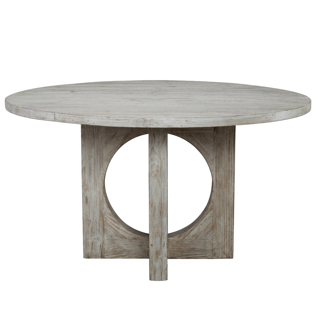 Maya 54" Round Reclaimed Pine White Wash Dining Table with Cut Out Cross Pedestal Base
