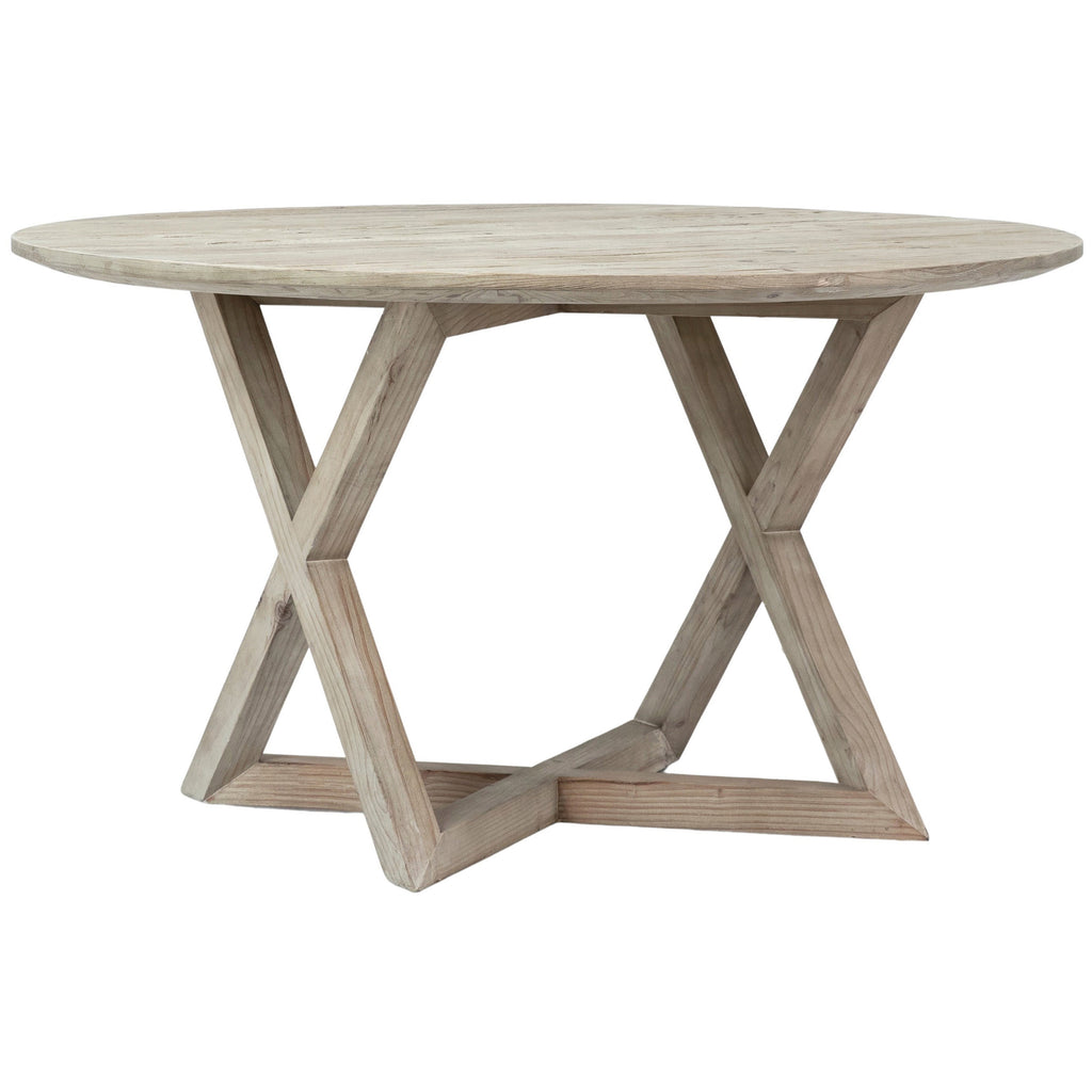 Emerson 54" Round Reclaimed Pine Dining Table with Modern Base Finished in a Light Wash