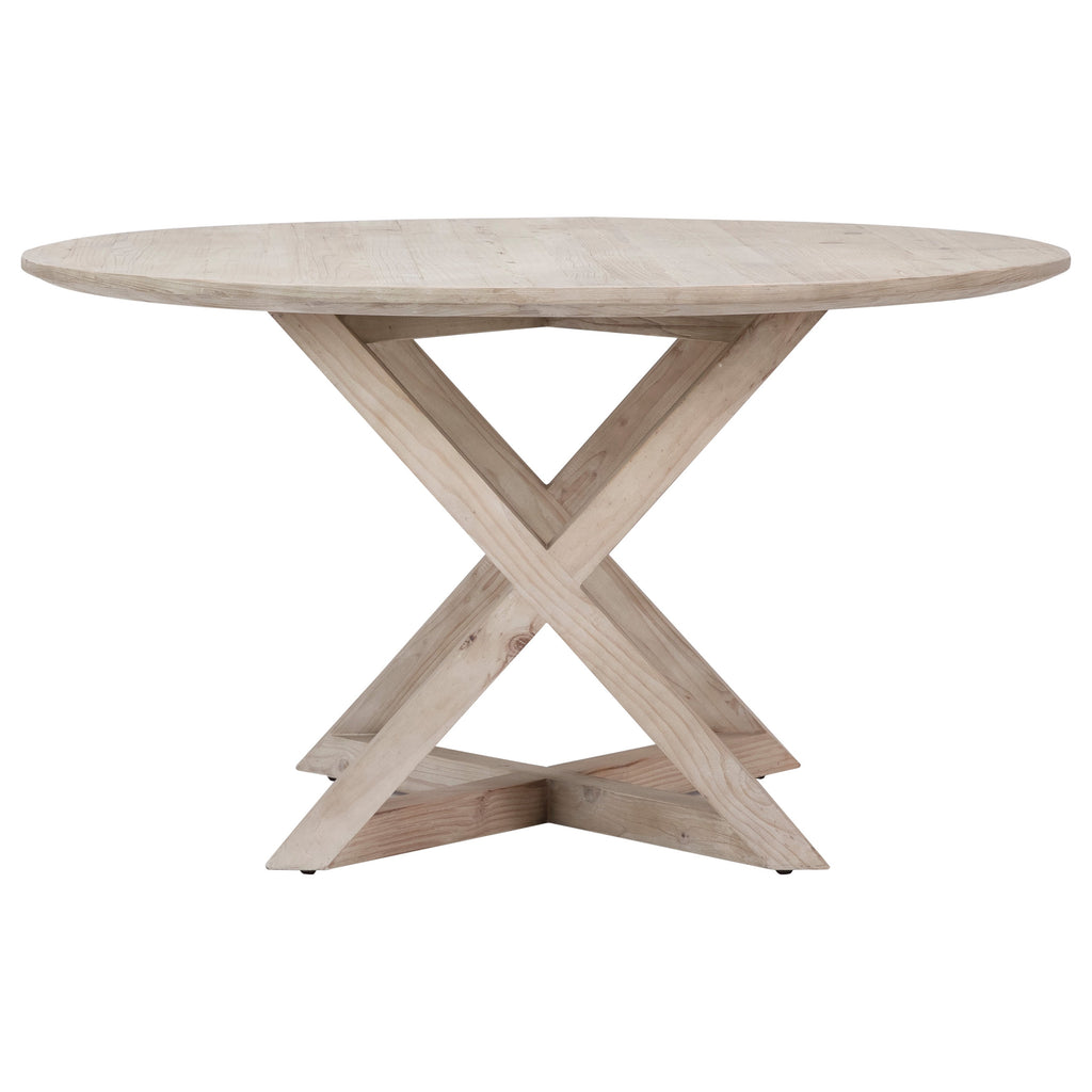 Emerson 54" Round Reclaimed Pine Dining Table with Modern Base Finished in a Light Wash