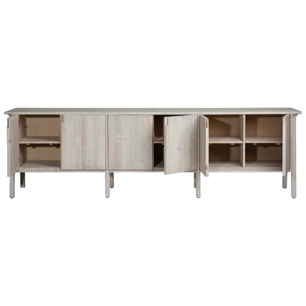 Beckham 109" Reclaimed Pine and Elm Mid-Century Styled 4-Door Sideboard in Light Grey Finish