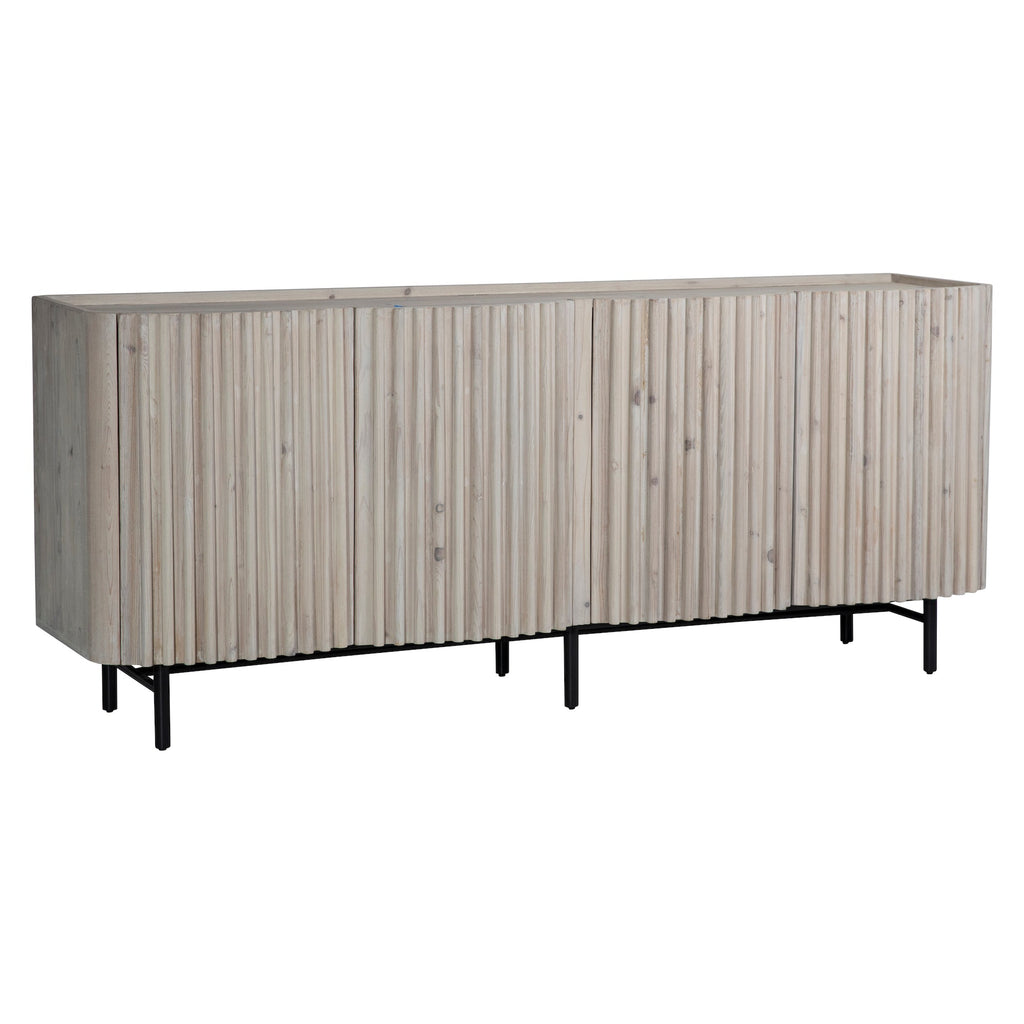 Emerson 79" Reclaimed Pine and Iron 4-Door Sideboard with Carved Fluted Door Fronts Finished in Light Grey Wash
