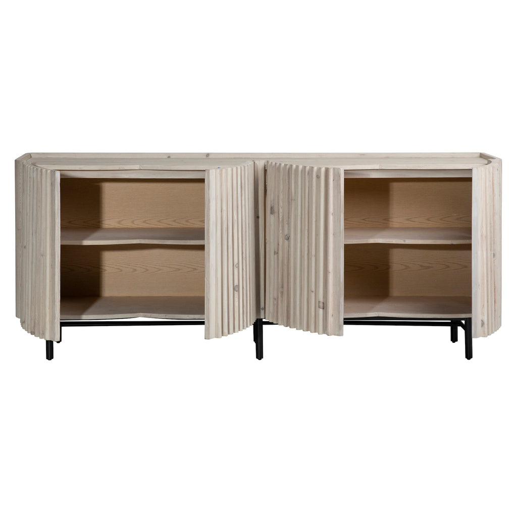 Emerson 79" Reclaimed Pine and Iron 4-Door Sideboard with Carved Fluted Door Fronts Finished in Light Grey Wash