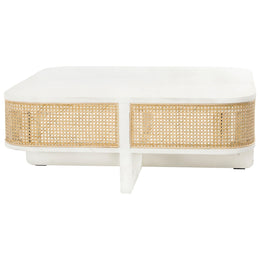 Luna 39" Square Mindi Wood and Rattan Cross Base Coffee Table in White