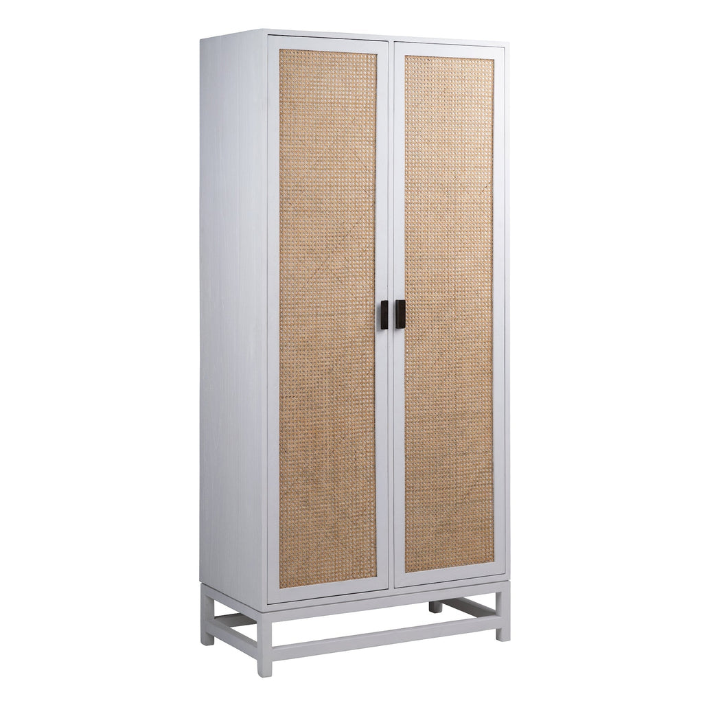 Khloe 78" Tall Exotic Wood and Rattan 2-Door Cabinet in White