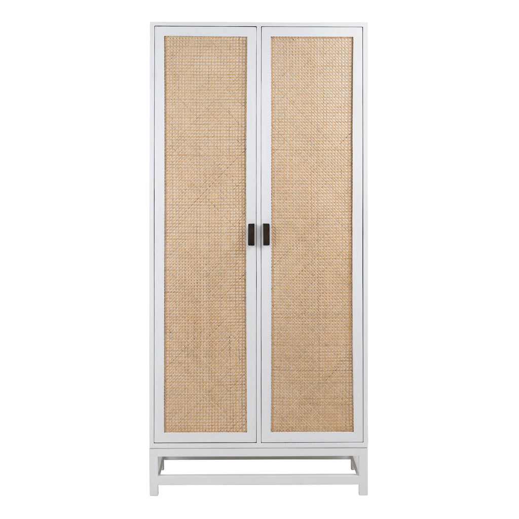 Khloe 78" Tall Exotic Wood and Rattan 2-Door Cabinet in White