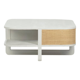 Luna 33" Square Mindi Wood and Rattan Cross Base Coffee Table in White