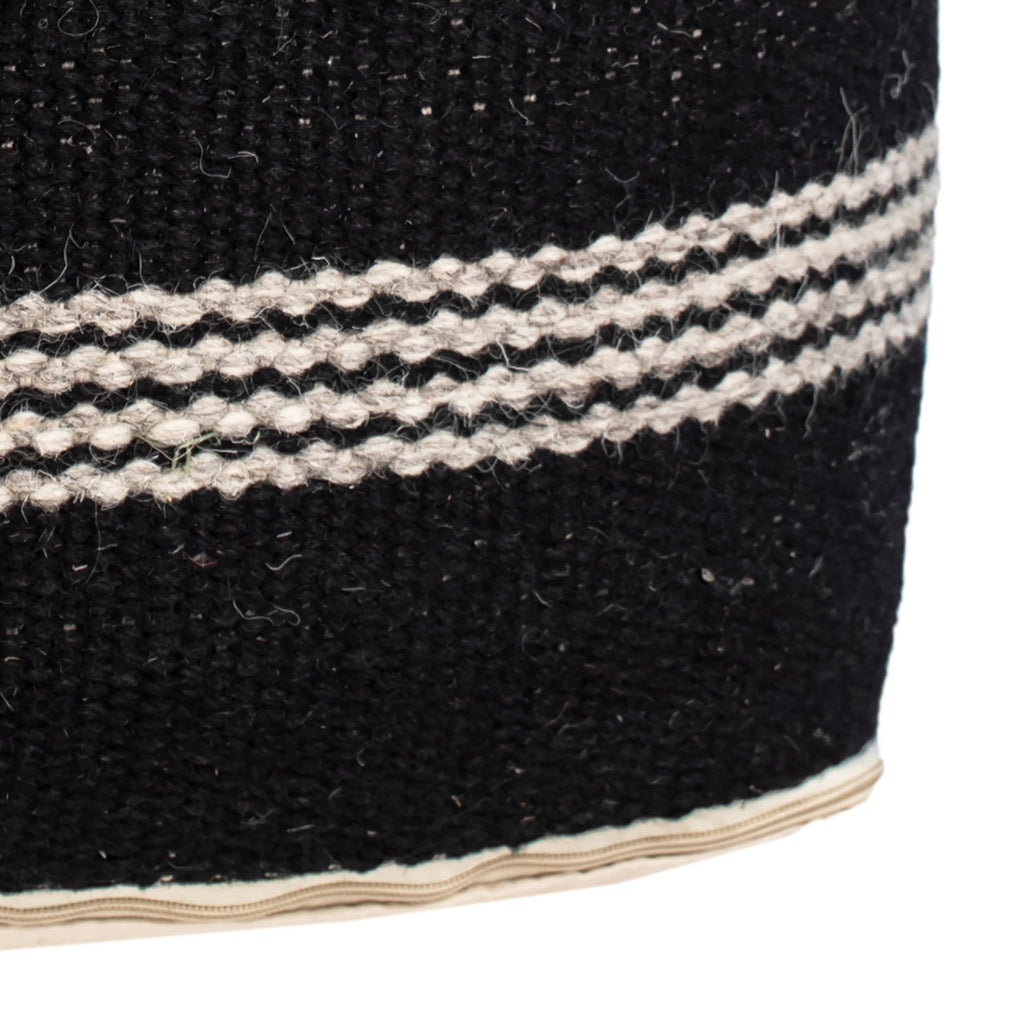 Alec Tow-Tone Black and White Hand Woven New Zealand Wool Square Pouf with Fringe