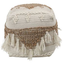 Gwen Handwoven and Hand Tufted New Zealand Wool in White and Hand Woven Jute Square Pouf