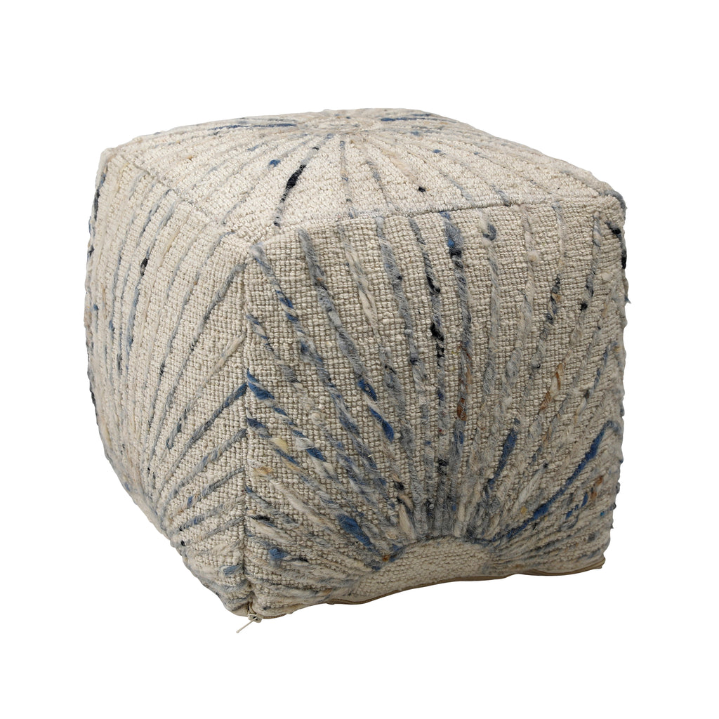 Kathleen Pouf Handwoven Wool and Cotton - Ivory and Blue Accents