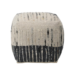 Montague Pouf Handwoven Wool - Ivory and Grey