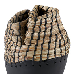 Fannie Vase Teak Wood and Seagrass - Black and Natural