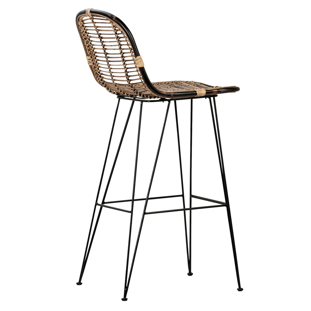 Elsie Natural Woven Rattan and Black Iron High Back Dining Bar Stool
