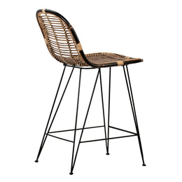 Elsie Natural Woven Rattan and Black Iron High Back Dining Counter Stool