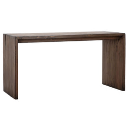 Evie Reclaimed Pine 68" Waterfall Style Dining Counter Table in a Rich Medium Brown Finish and Cutout Detail