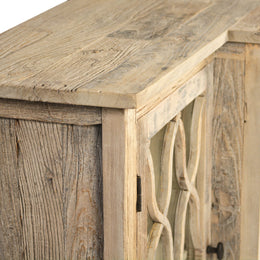 Theo 79" Reclaimed  Pine Antique Grey Wash Sideboard with Carved Door Fronts and Iron Details