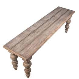 Zuri 55" Reclaimed Pine Dining Bench with Carved Four Poster Legs Finished in an Antique Seal