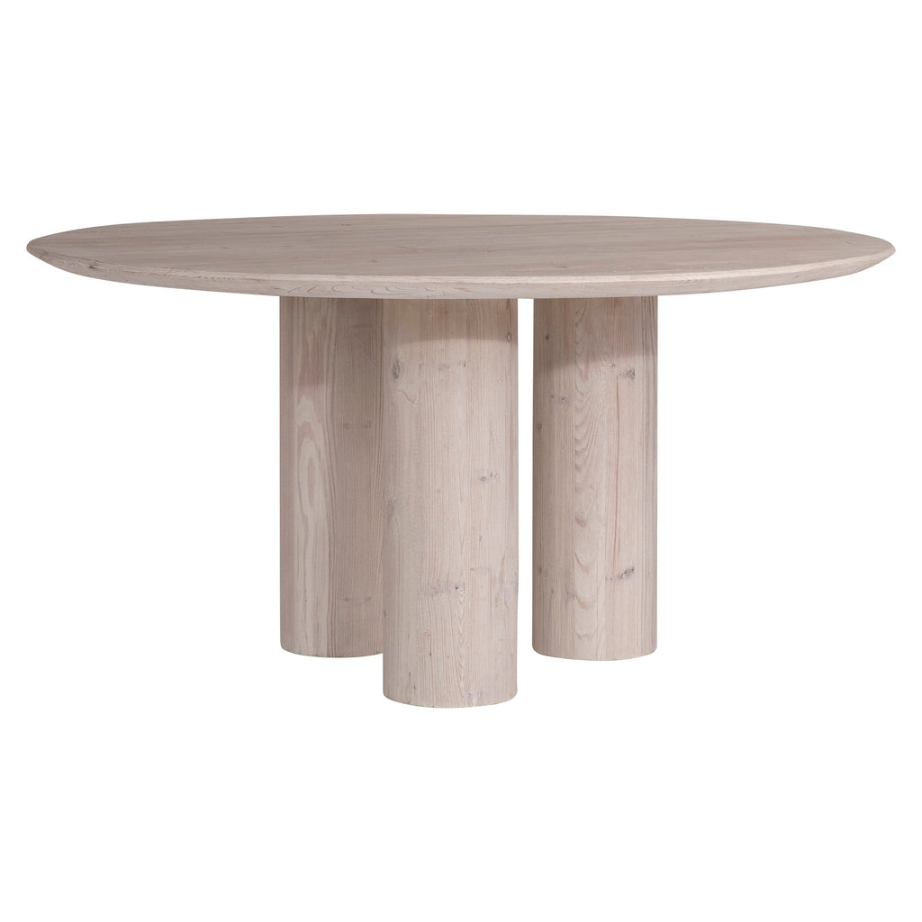 Athena 60" Round Recycled Pine 3 Post Pedestal Base Dining Table in Light Wash