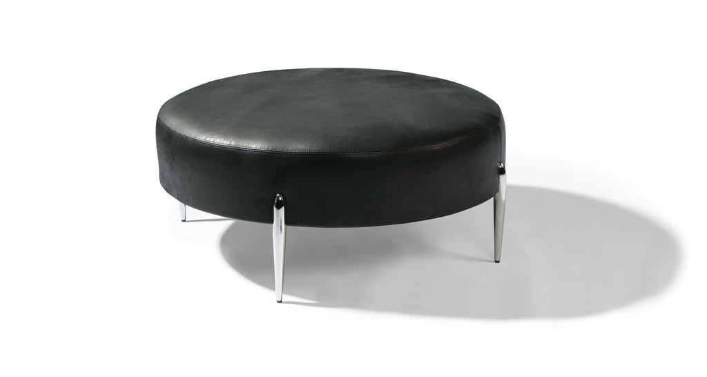 Decked Out Ottoman In Leather With Polished Stainless Steel Legs