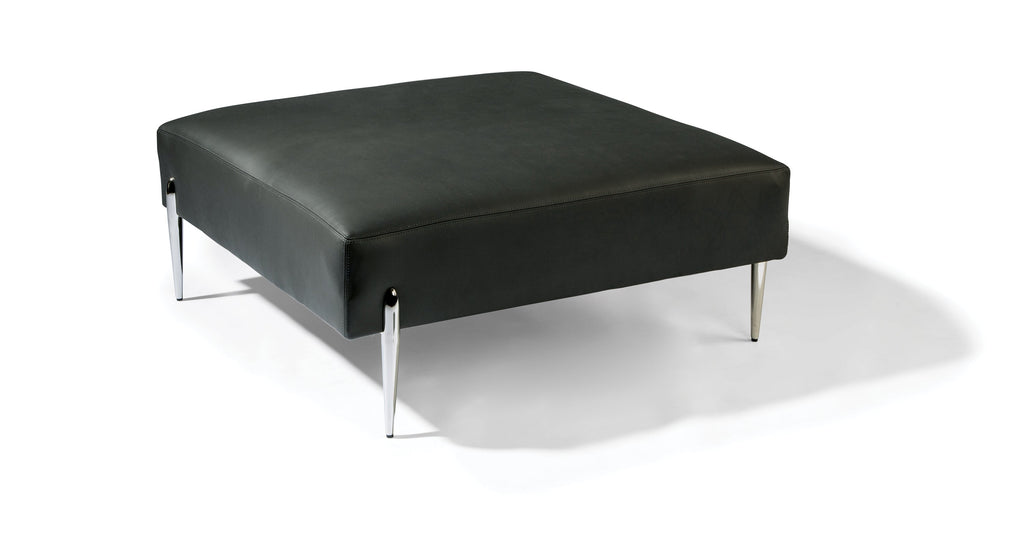 Decked Out Square Ottoman In Leather With Polished Stainless Steel Legs