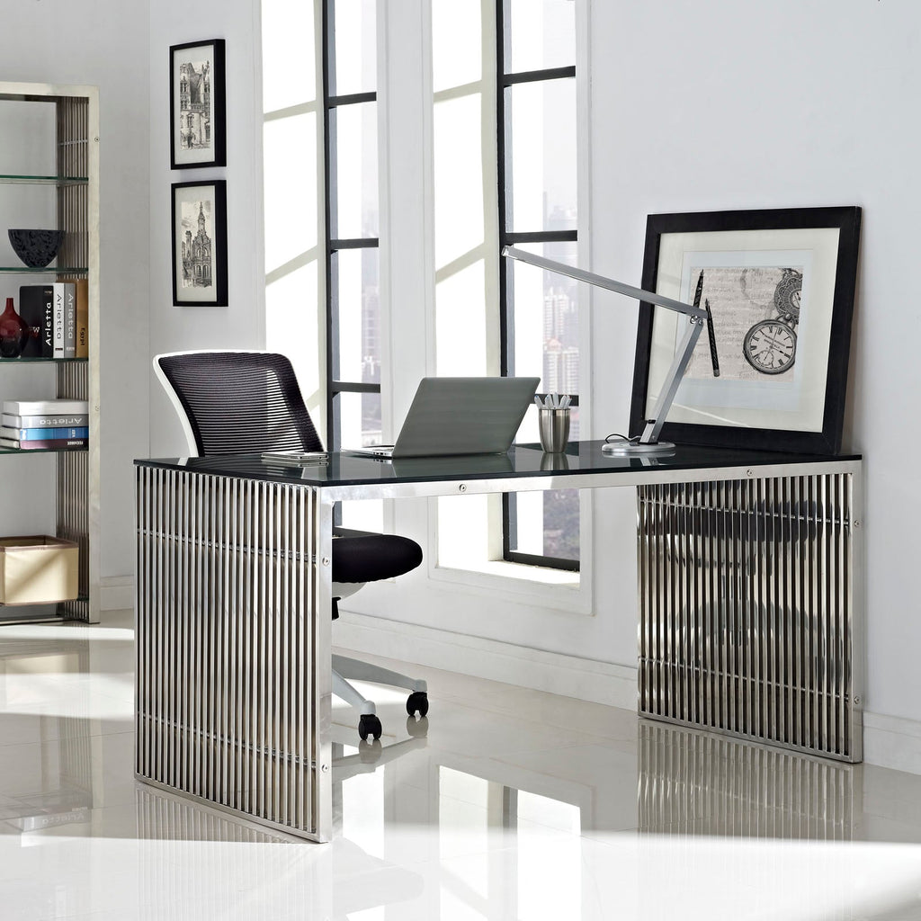 Gridiron Stainless Steel Rectangle Dining Table in Silver