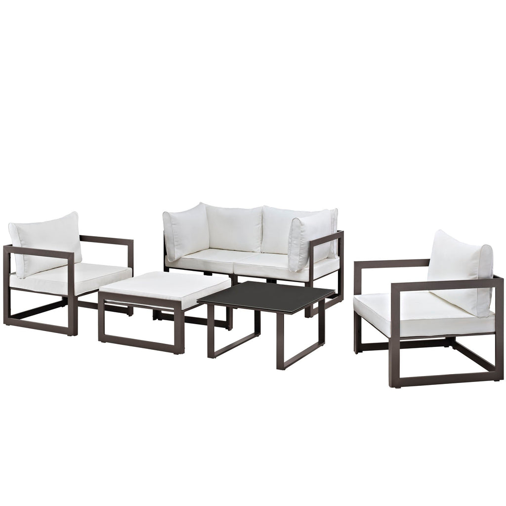 Fortuna 6 Piece Outdoor Patio Sectional Sofa Set in Brown White-4