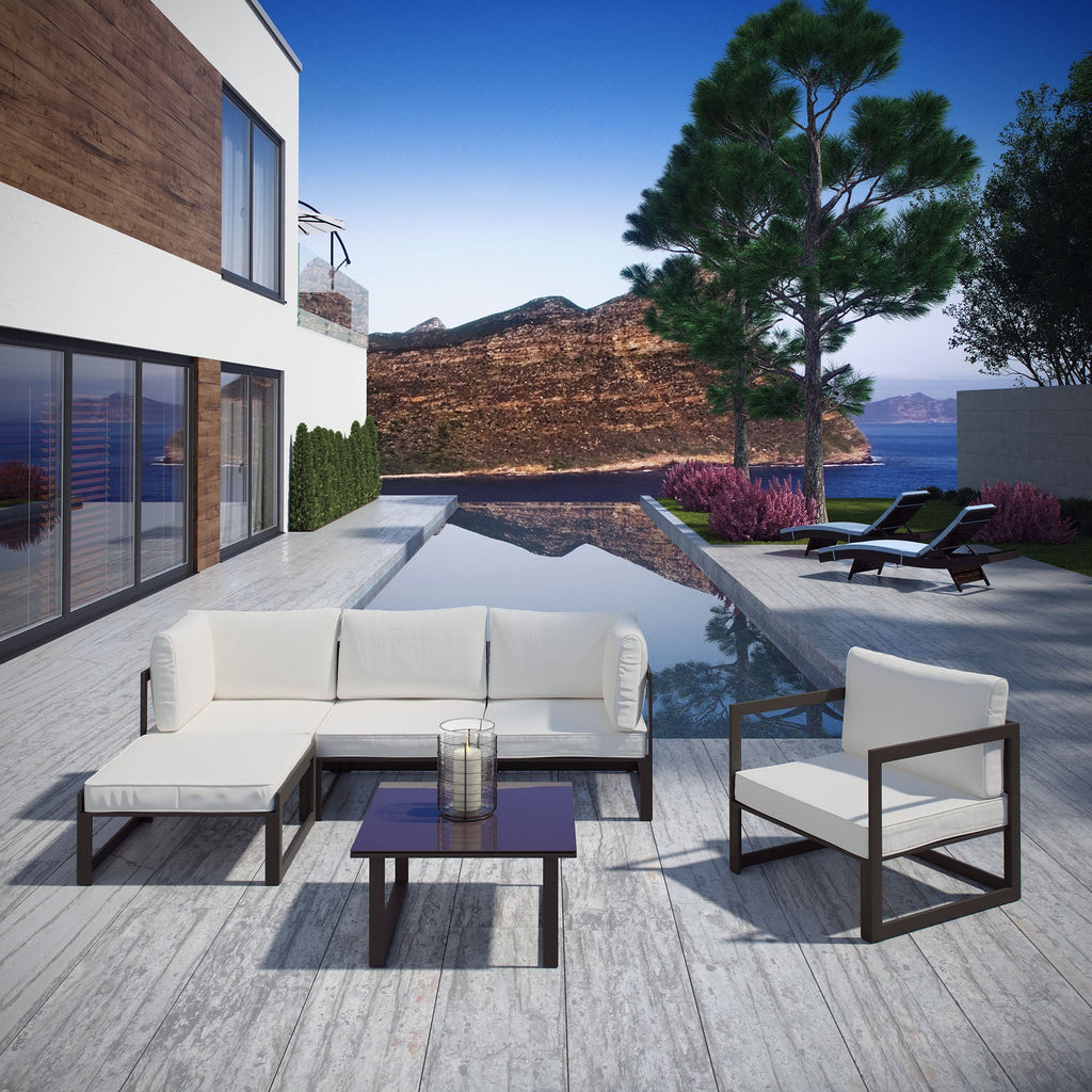 Fortuna 6 Piece Outdoor Patio Sectional Sofa Set in Brown White-2