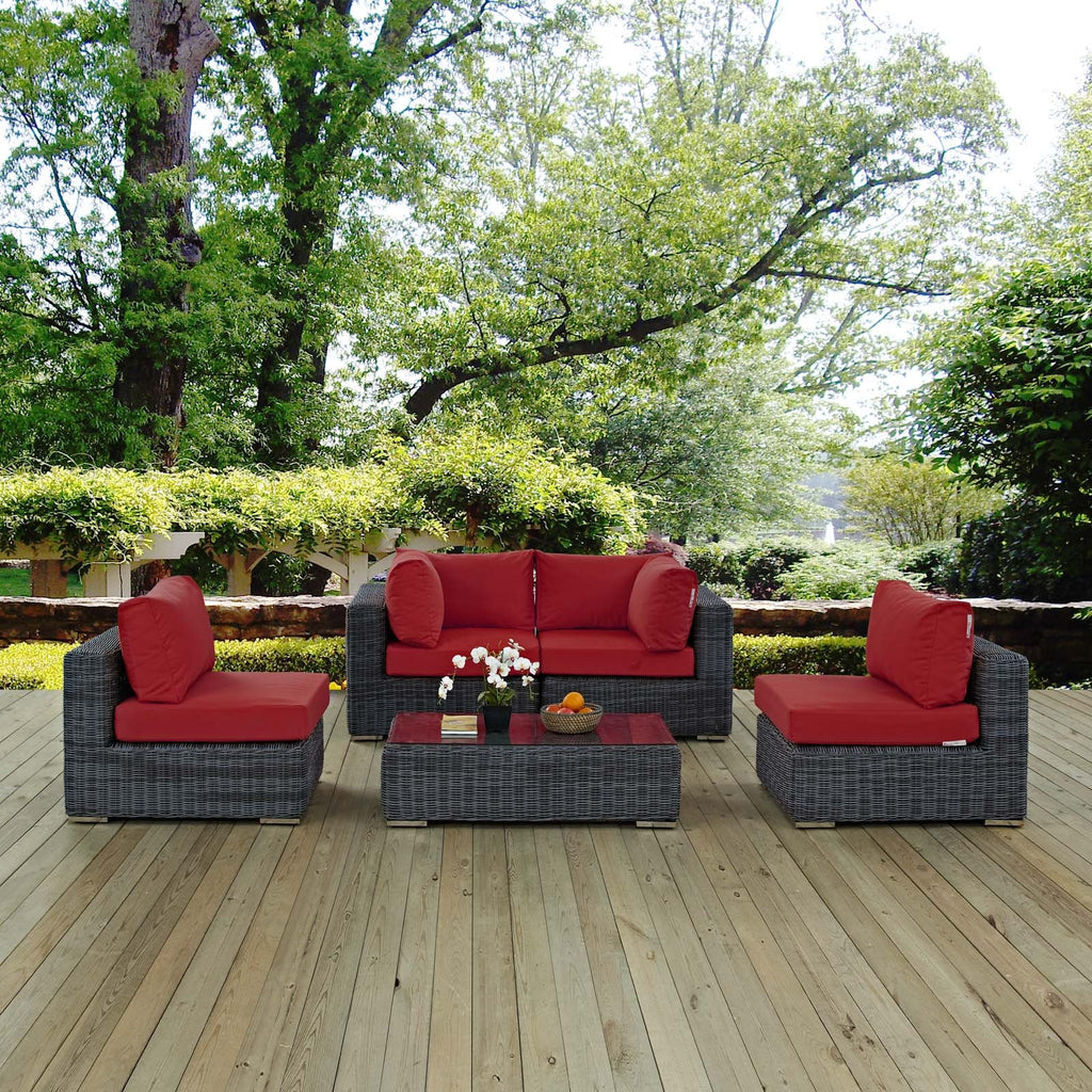 Summon 5 Piece Outdoor Patio Sunbrella Sectional Set in Canvas Red-2