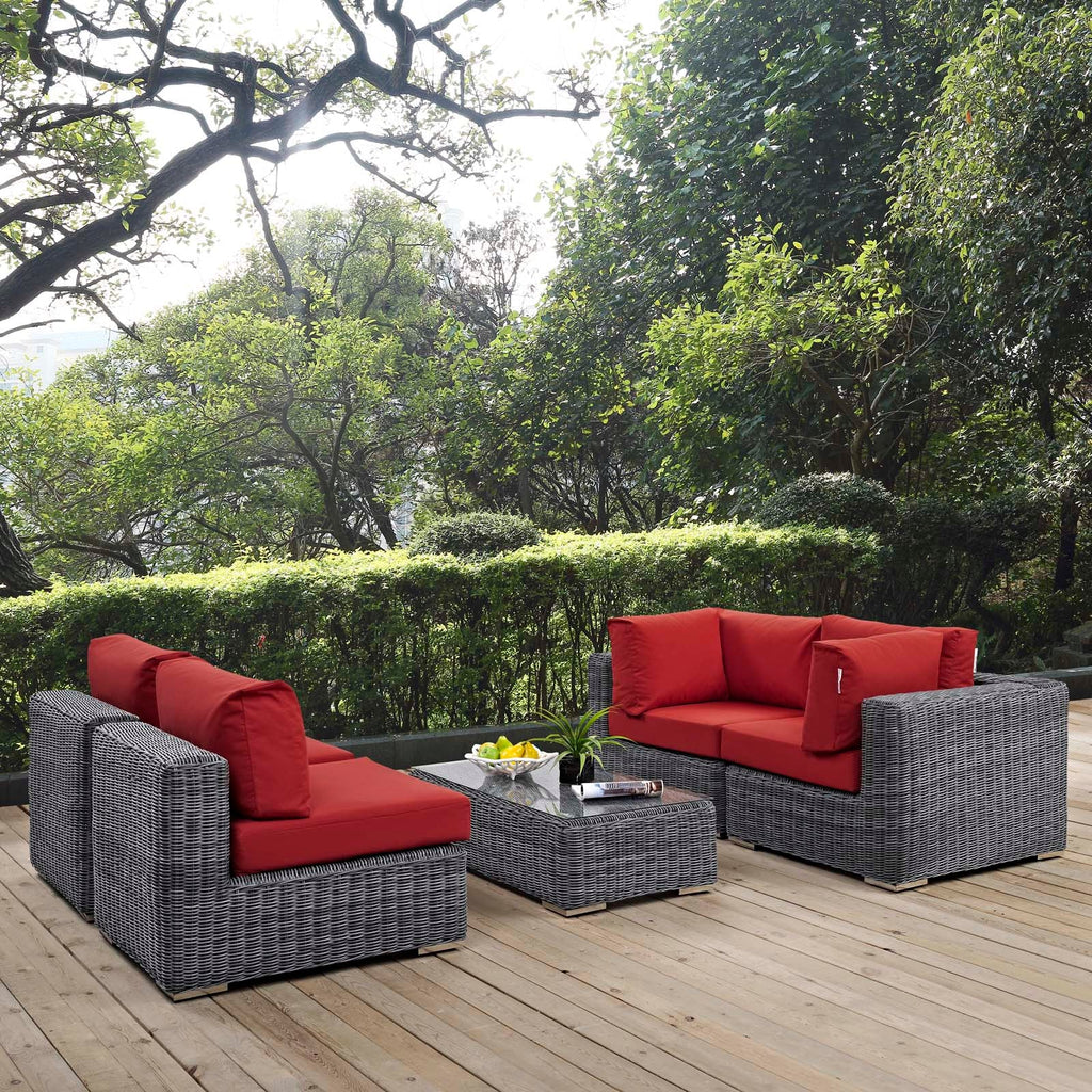 Summon 5 Piece Outdoor Patio Sunbrella Sectional Set in Canvas Red-2