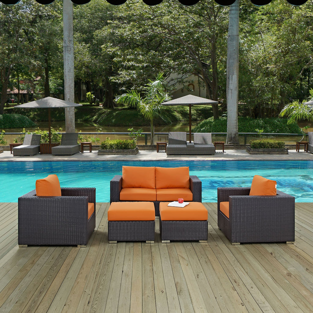 Convene 5 Piece Outdoor Patio Sofa Set in Espresso Orange