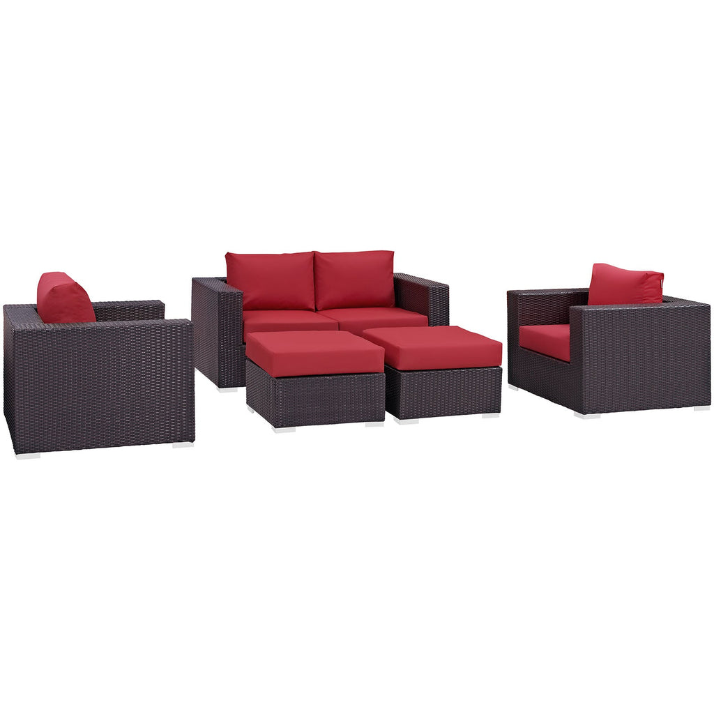 Convene 5 Piece Outdoor Patio Sofa Set in Espresso Red