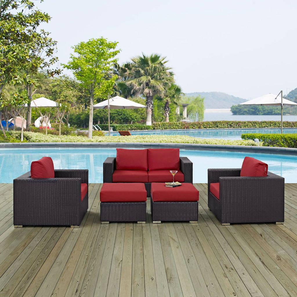 Convene 5 Piece Outdoor Patio Sofa Set in Espresso Red