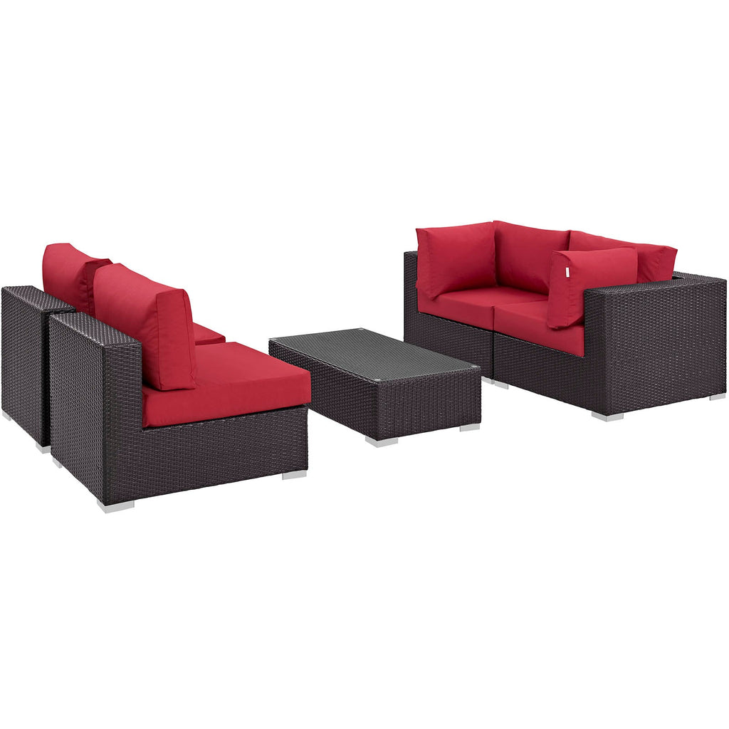 Convene 5 Piece Outdoor Patio Sectional Set in Espresso Red-5